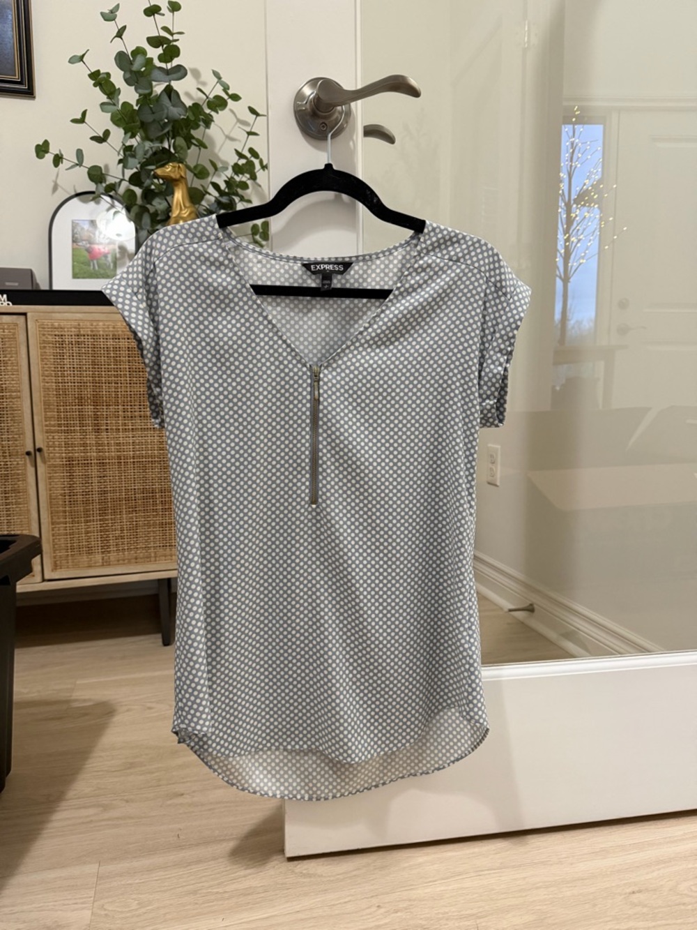 Express Gray and White Polka Dot Zip-Front Blouse